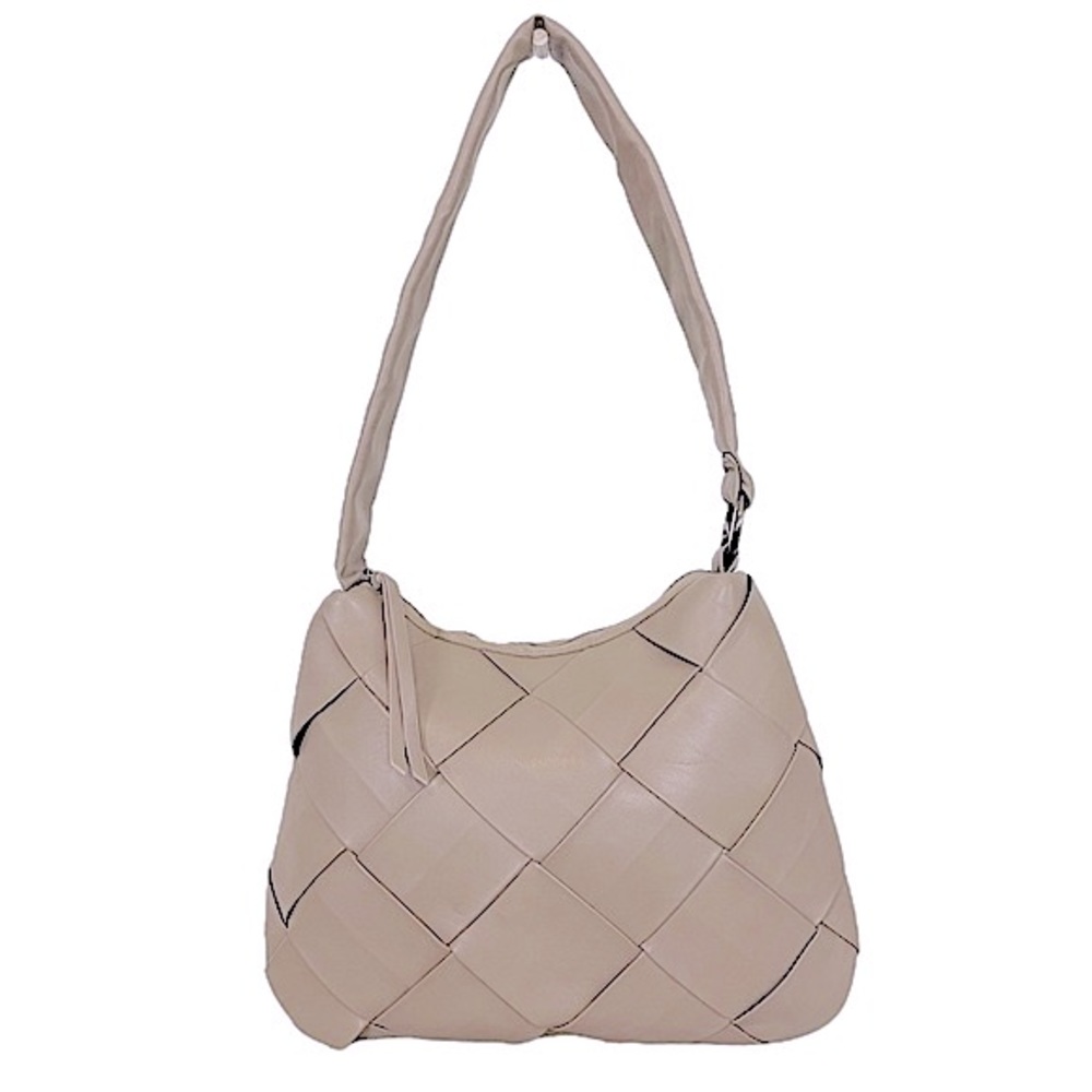 SONDRA ROBERTS Faux Taupe Nappa Leather Oversized Woven PU Hobo Bag Like New